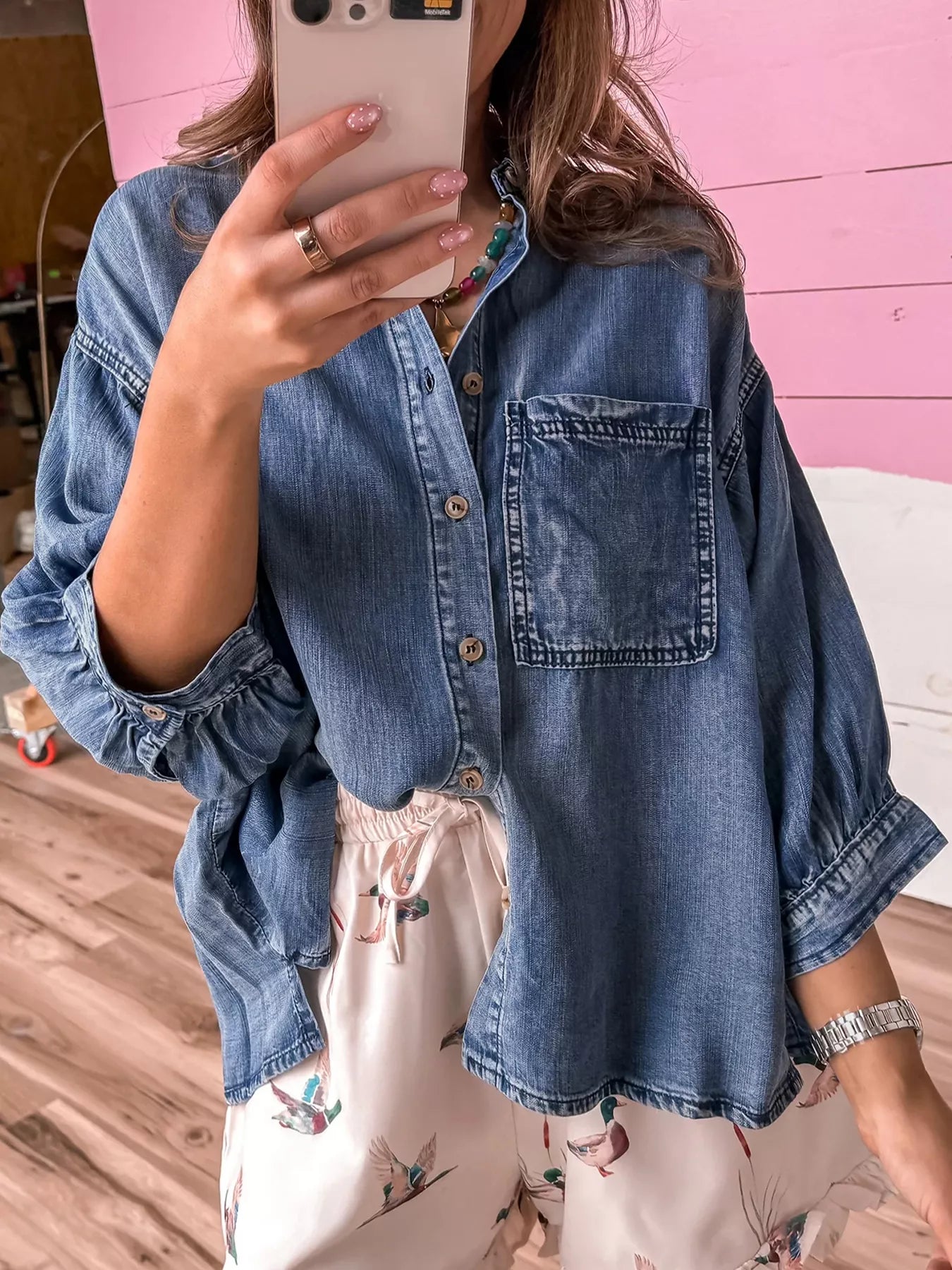 Trendsi Three Quarter Sleeve Button Front Loose Denim Shirt -