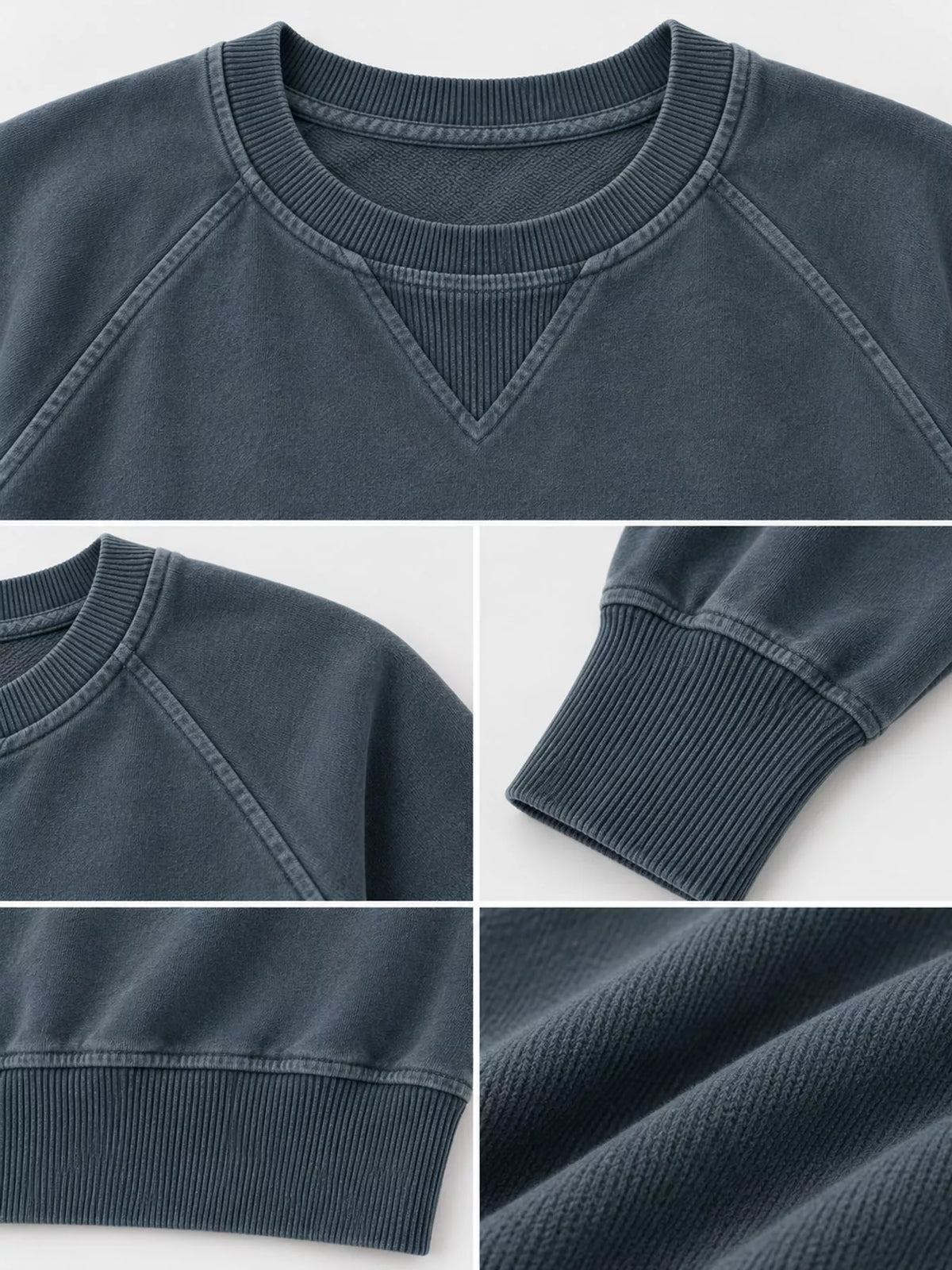 Blue-gray crew neck raglan sleeve sweatshirt, neckline, raglan seam, cuff, and hem