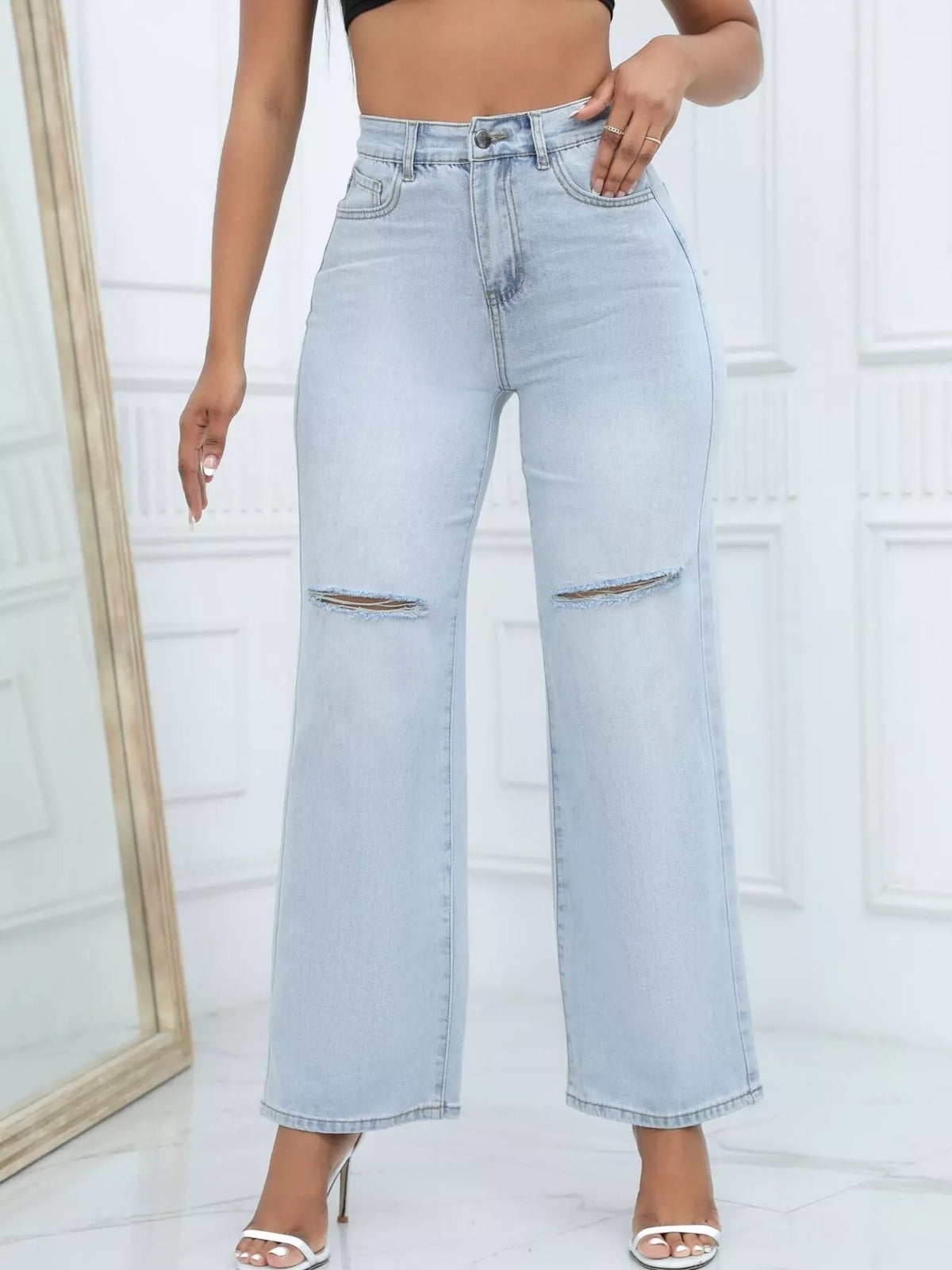 Knee-Ripped Wide-Leg Jeans in light blue, front view