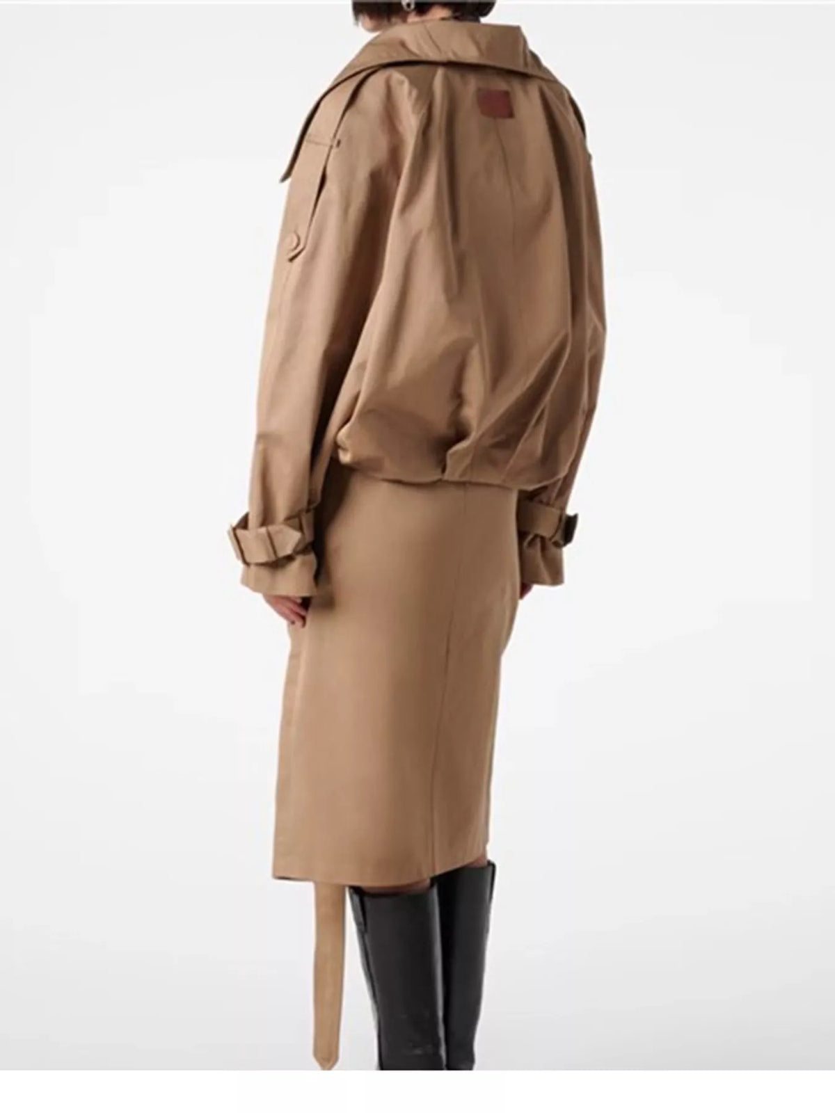 Women's Double-Breasted Cropped Trench Jacket in camel — side view