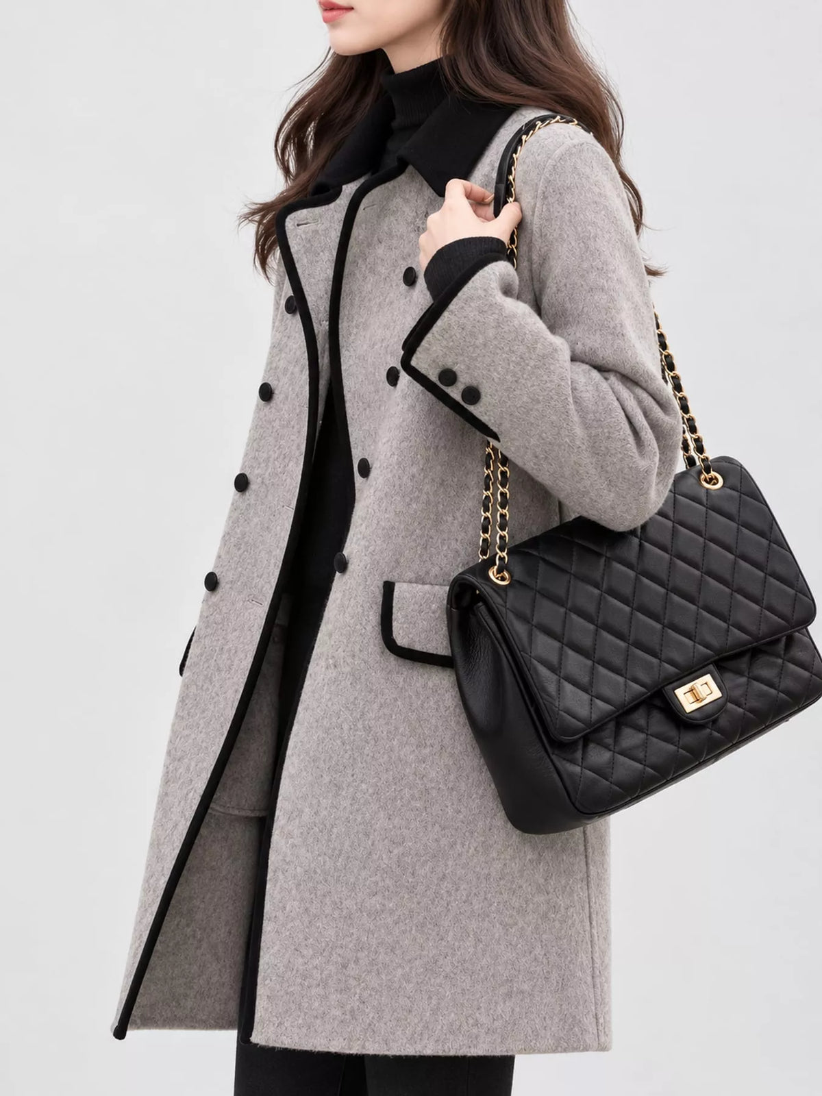 Gray double breasted coat with contrast trim, side view
