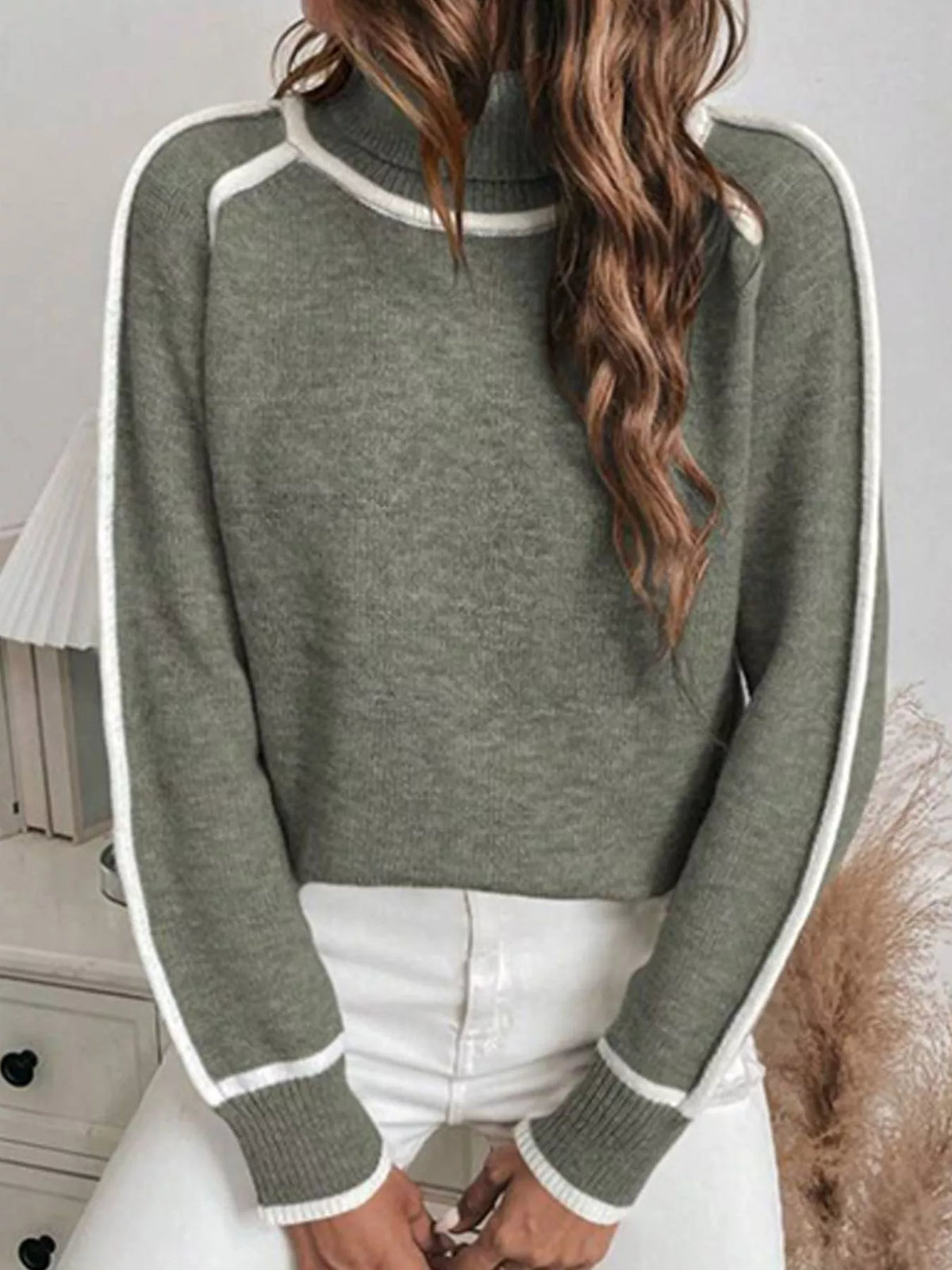 Women's Contrast Trim Ribbed Hem Turtleneck Sweater in Sky Blue, front view