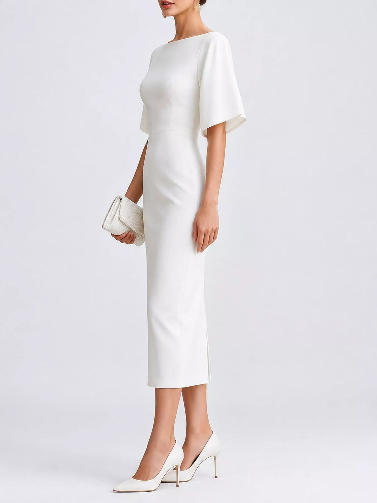 Boat neck short sleeve midi dress, side view