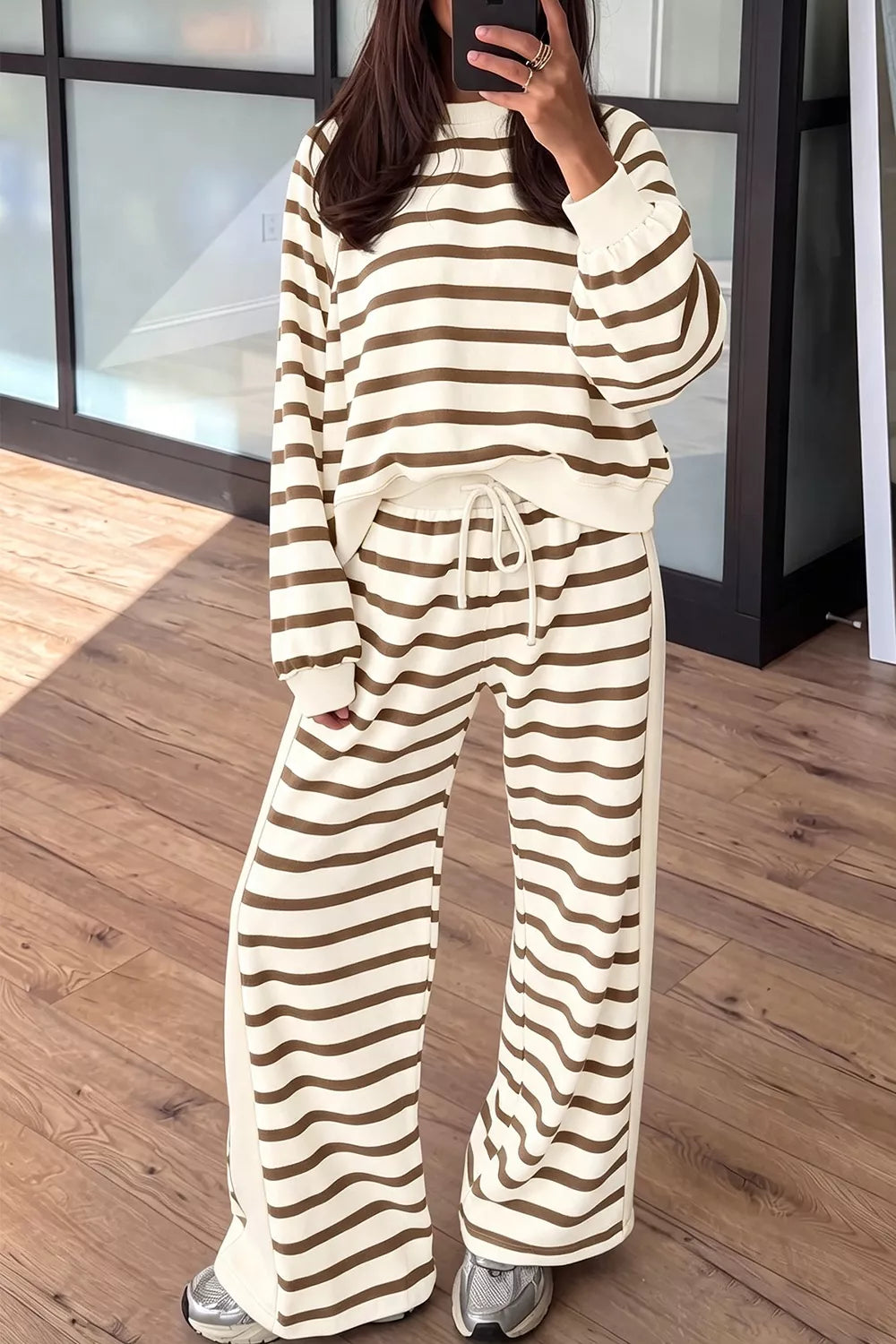 Beige striped long sleeve top and drawstring pants set