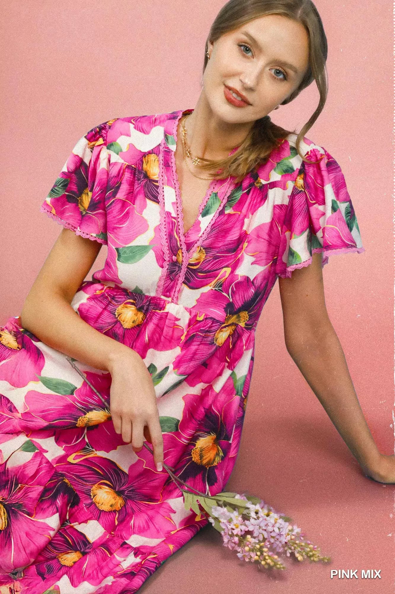 Women's Tropical Floral Flutter Sleeve Tiered Midi Dress — product view 6