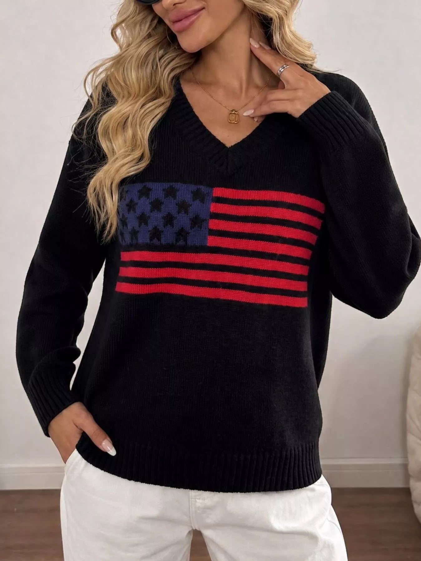 Trendsi American Flag V-Neck Knit Top -