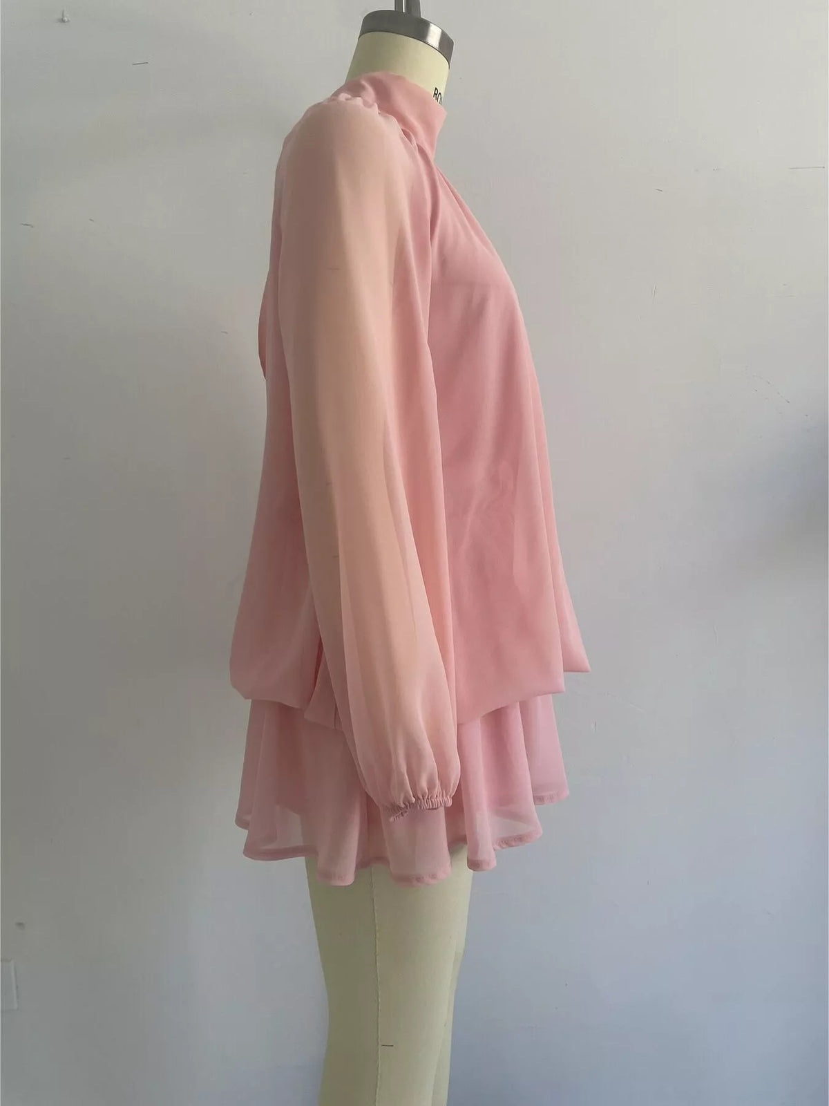 Pink mock neck sheer chiffon mini dress, side product view