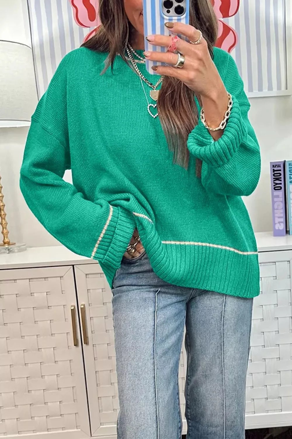 Trendsi Contrast Detail Drop Shoulder Baggy Sweater -