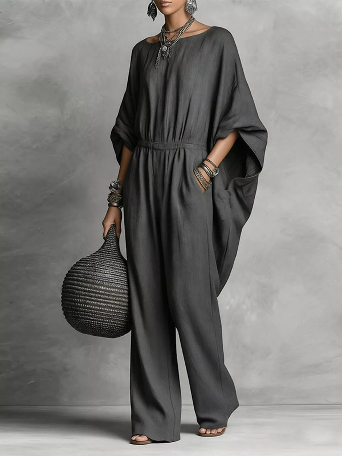 Boat-neck batwing-sleeve wide-leg jumpsuit