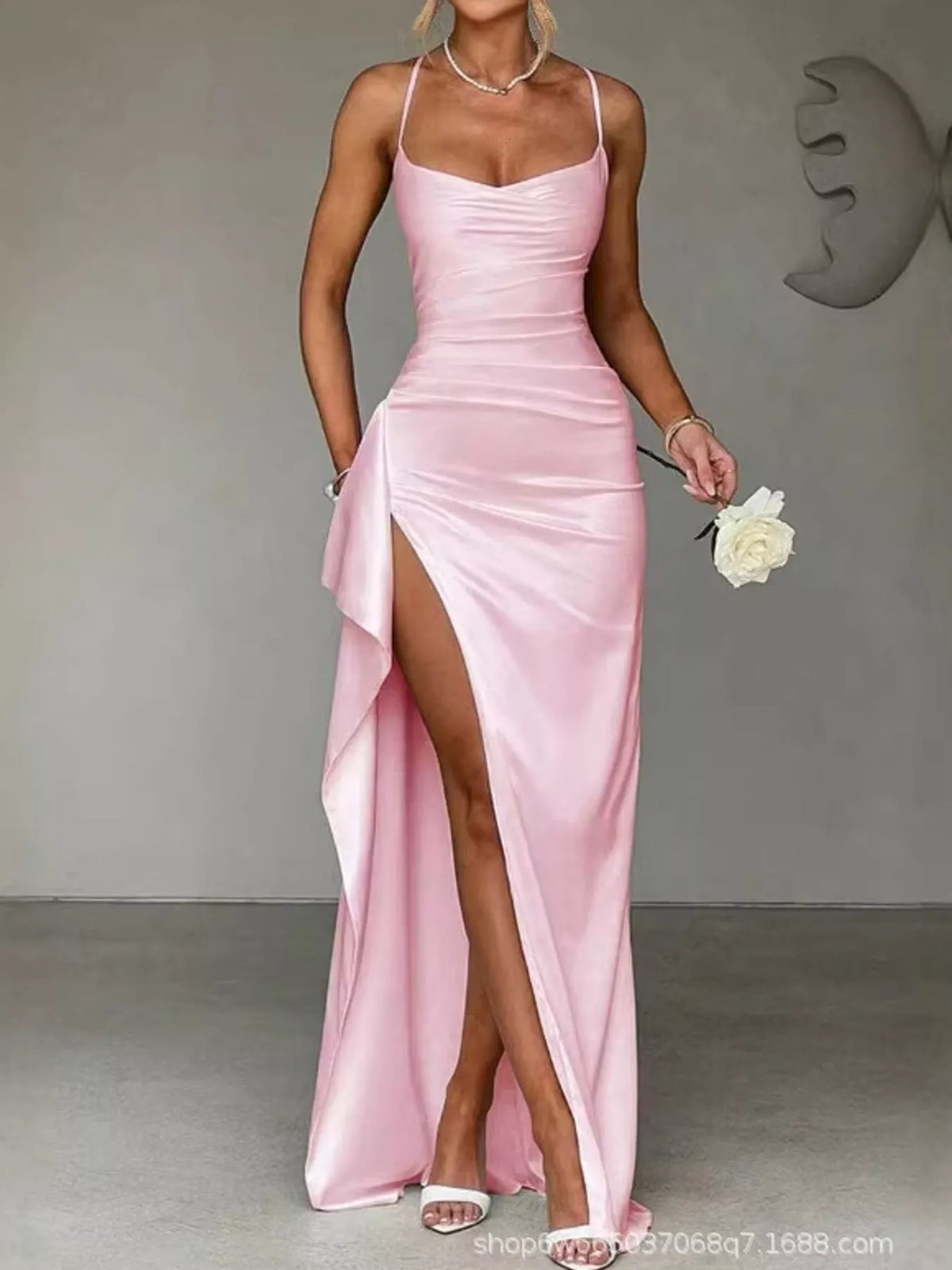 Pink satin ruched high slit maxi dress, front view