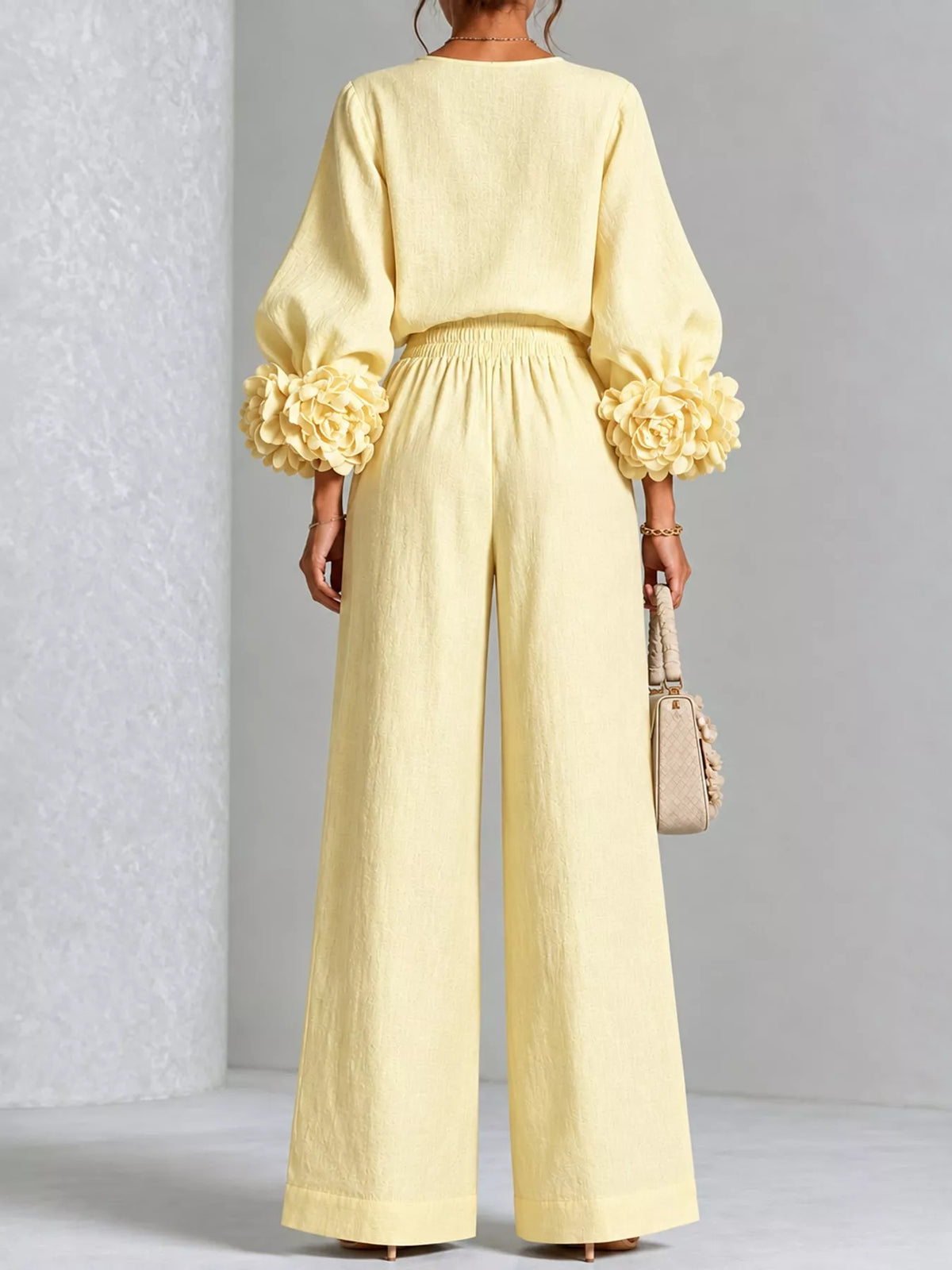 Floral Sleeve Embellishments Top and Pants Set — front view