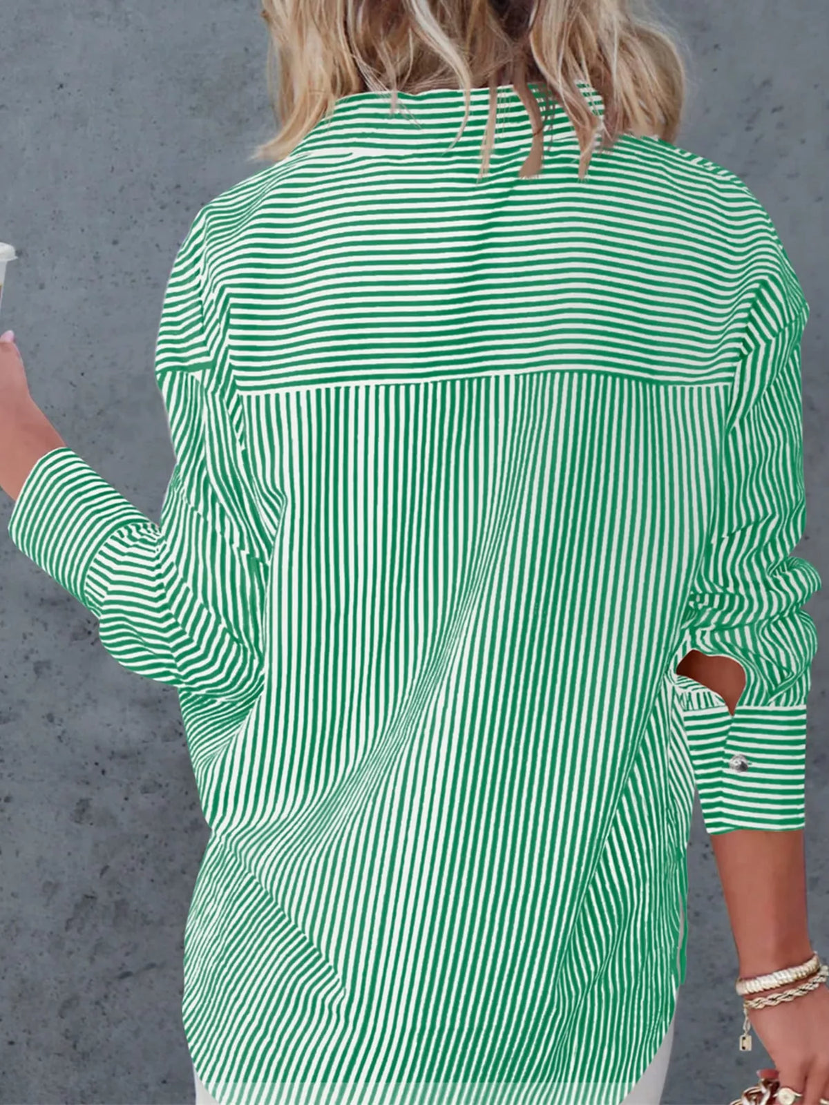 Green striped button-down shirt, back view