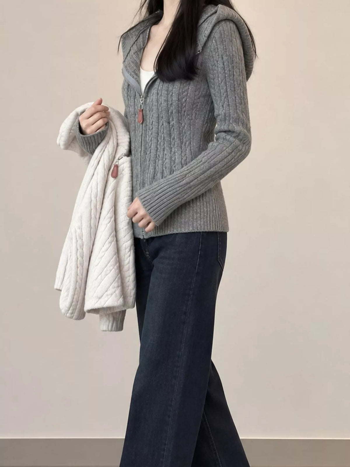 Hooded Cable-Knit Zip-Up Cardigan in gray