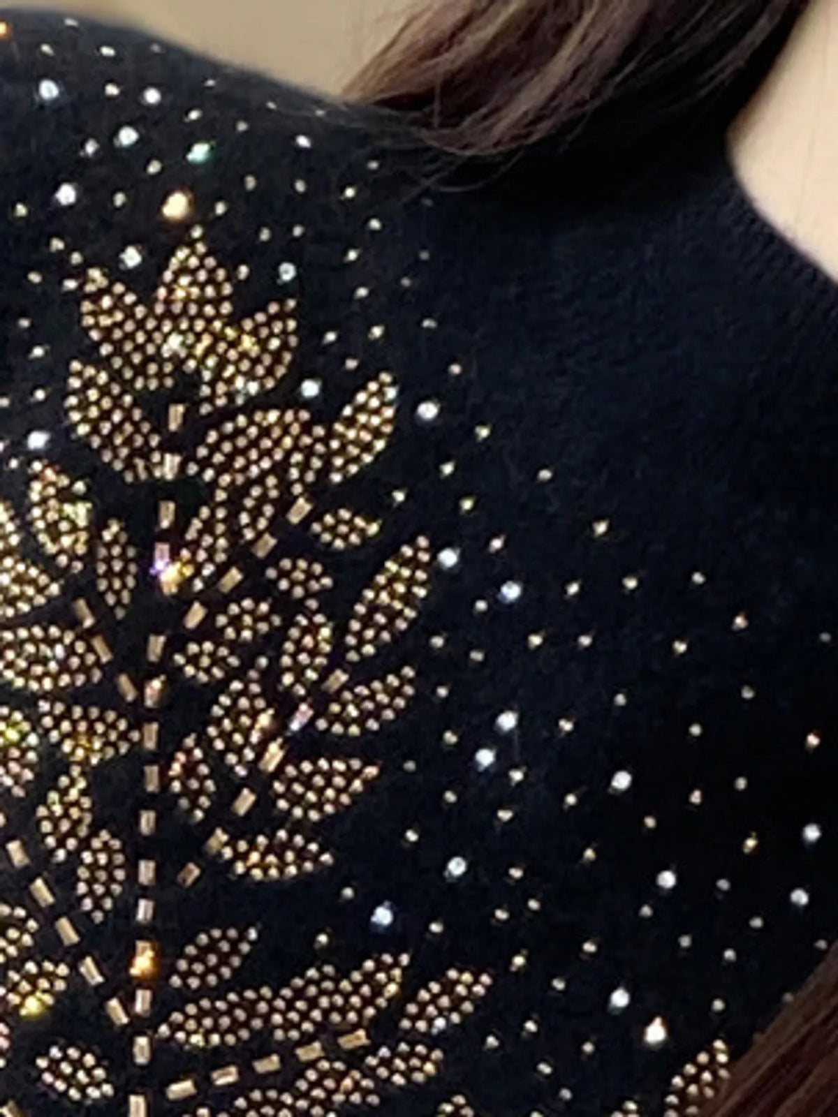 Rhinestone Leaf Mock Neck Sweater — construction details