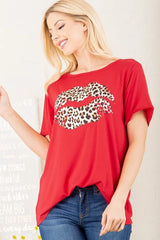 Trendsi Women’s Leopard Lip Print Round Neck Short Sleeve T Shirt Spandex Plus Size - Shirts
