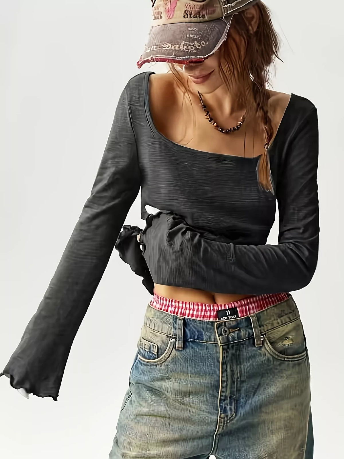 Women's long sleeve square neck slim-fit T-shirt