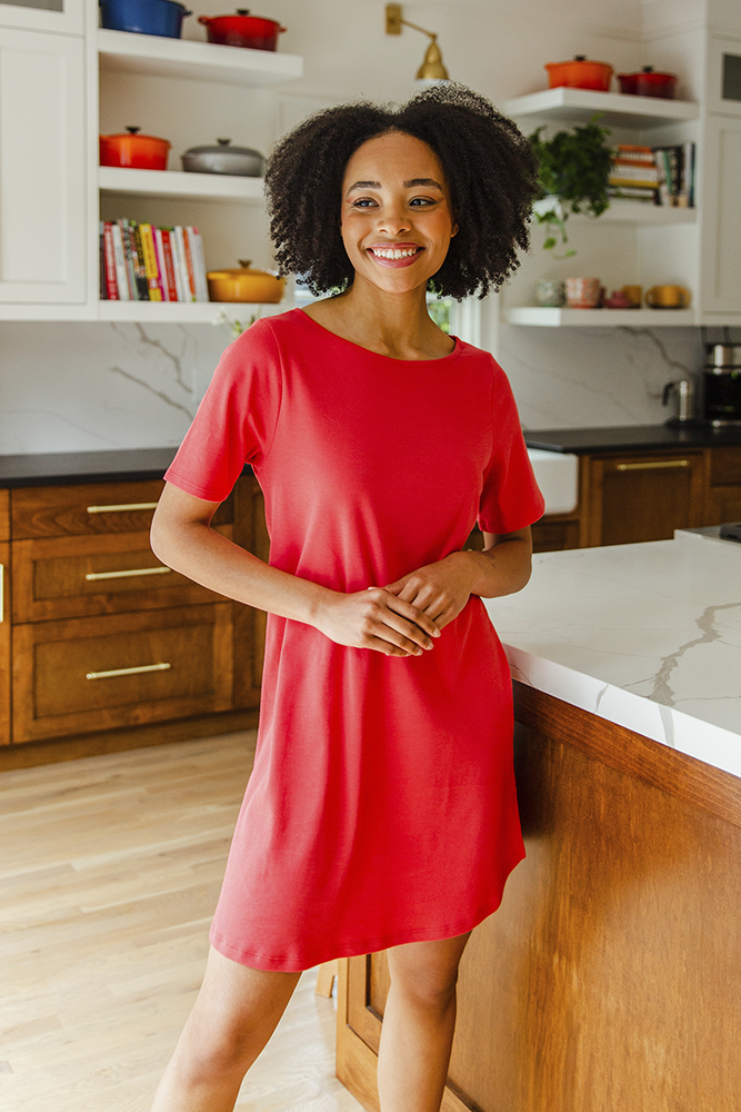 Red Pima cotton short-sleeve T-shirt dress, front view
