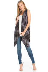 Niobe Clothing Sleeveless Asymmetric Hem Open Front Cardigan in Black Grey Tie Dye - Cardigans