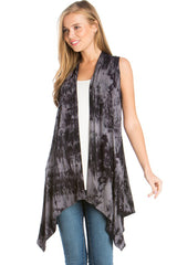 Niobe Clothing Sleeveless Asymmetric Hem Open Front Cardigan in Black Grey Tie Dye - Cardigans