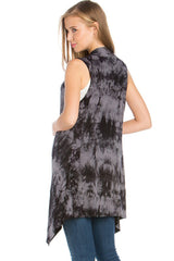 Niobe Clothing Sleeveless Asymmetric Hem Open Front Cardigan in Black Grey Tie Dye - Cardigans