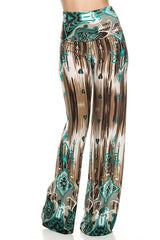 Niobe Clothing High Waisted Fold Over Wide Leg Gaucho Palazzo Pants (Teal/Brown) - pants