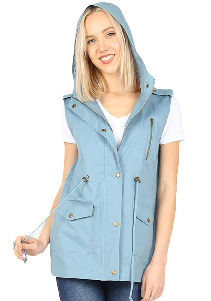 Zenana Sleeveless Utility Hoodie Military Vest - Vests sb_outerwear