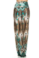 Niobe Clothing High Waisted Fold Over Wide Leg Gaucho Palazzo Pants (Teal/Brown) - pants