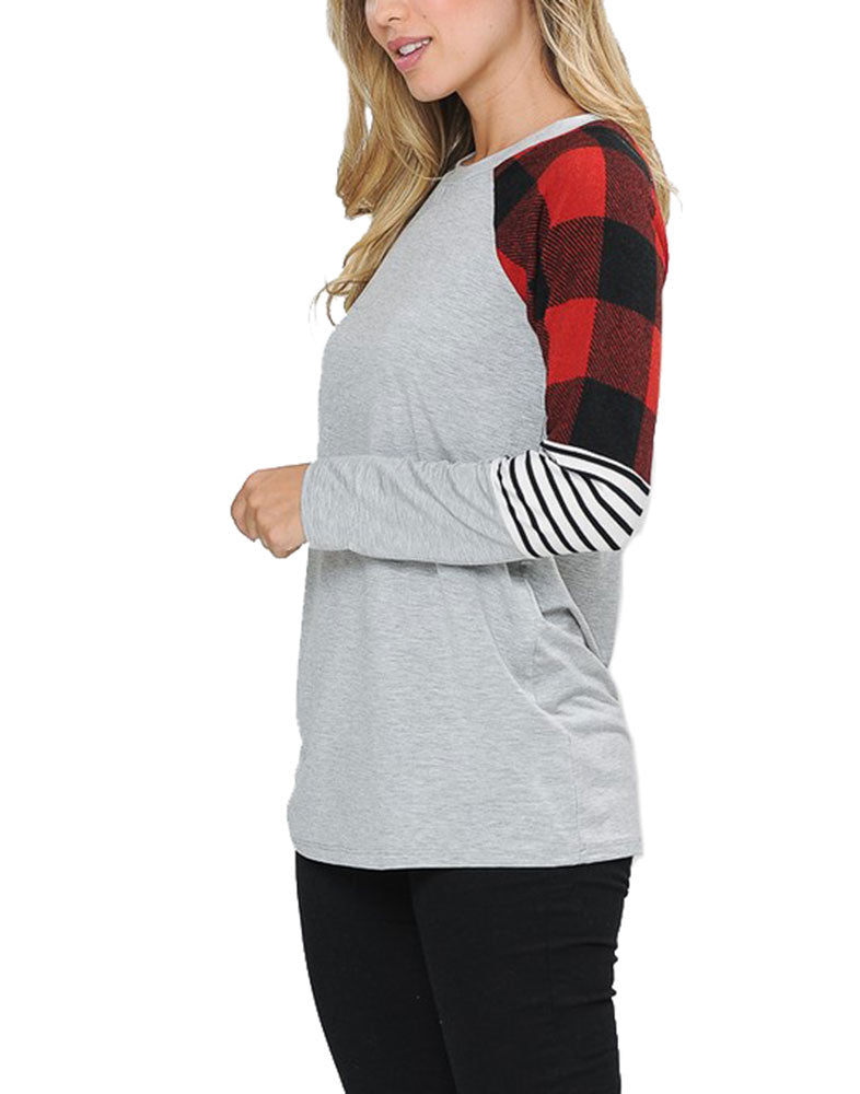 Zenana Long Sleeve Plaid Stripe Colorblock Round Neck Shirt - Shirts sb_tops