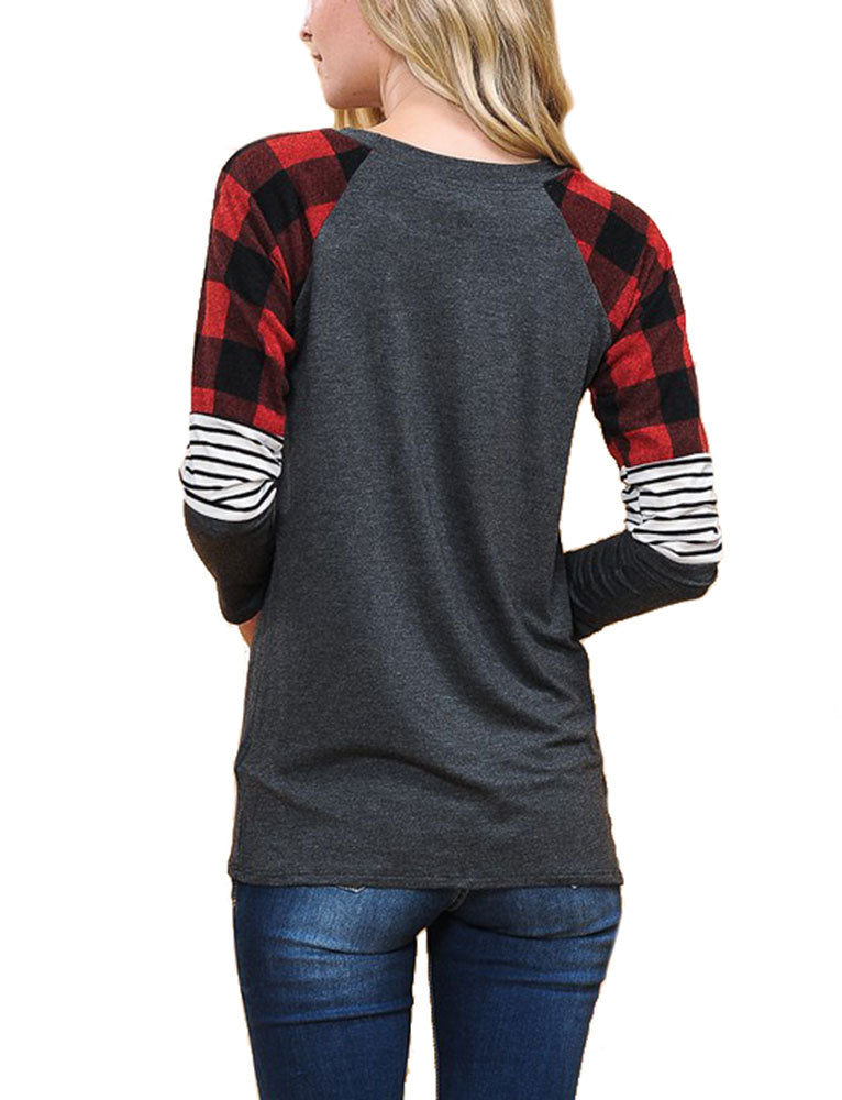 Zenana Long Sleeve Plaid Stripe Colorblock Round Neck Shirt - Shirts sb_tops