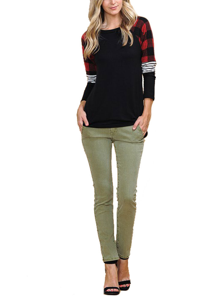 Zenana Long Sleeve Plaid Stripe Colorblock Round Neck Shirt - Shirts sb_tops