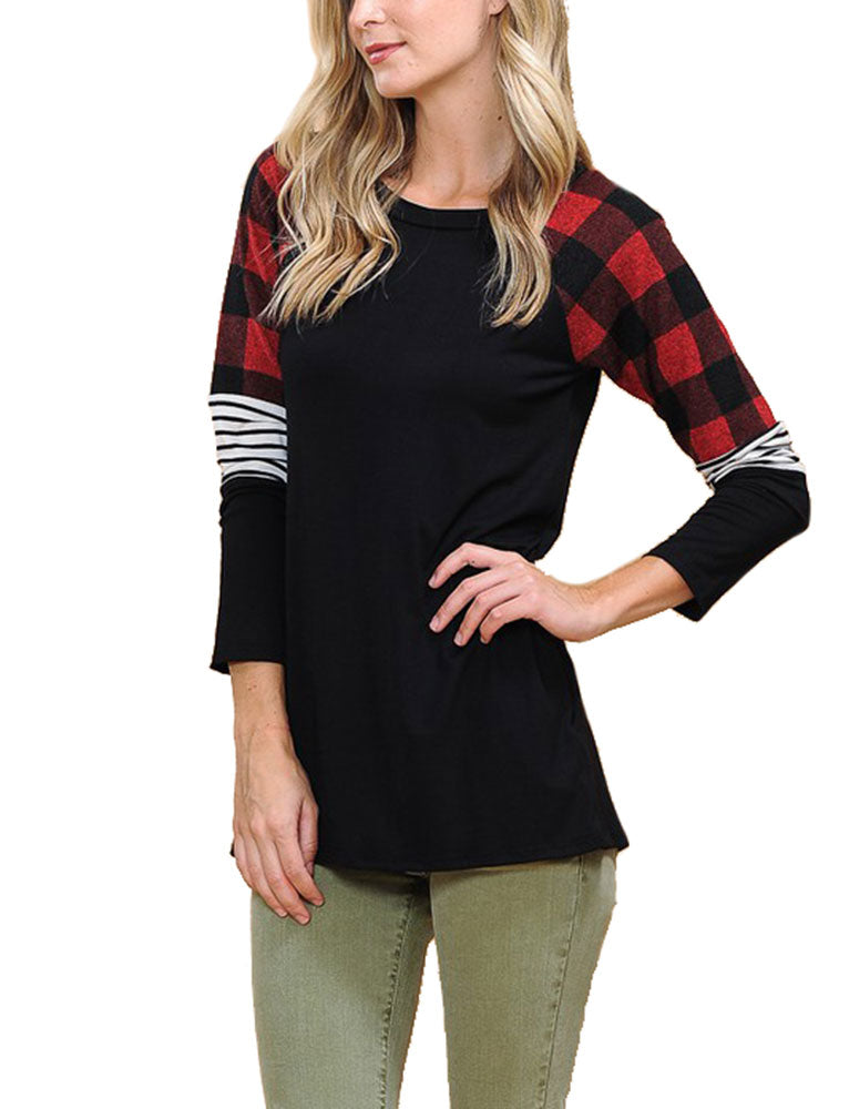 Zenana Long Sleeve Plaid Stripe Colorblock Round Neck Shirt - Shirts sb_tops