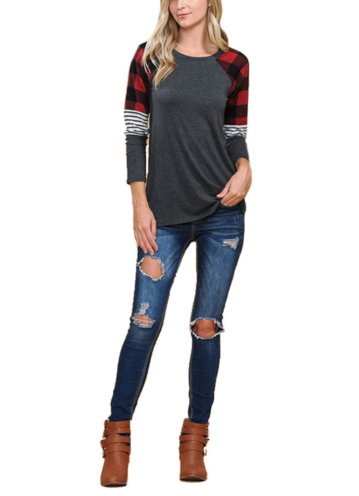 Zenana Long Sleeve Plaid Stripe Colorblock Round Neck Shirt - Shirts sb_tops