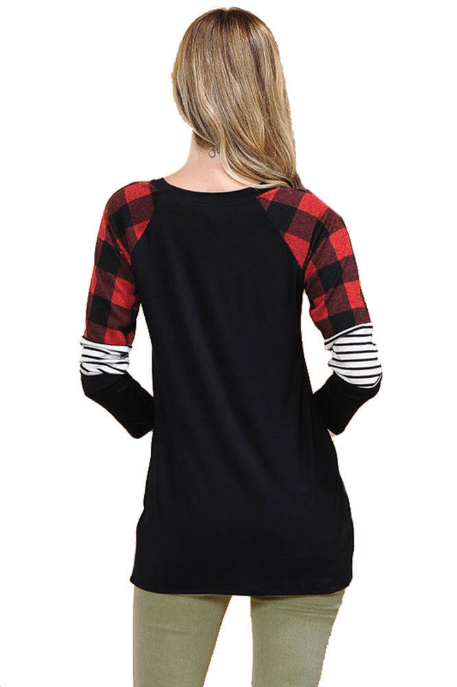 Zenana Long Sleeve Plaid Stripe Colorblock Round Neck Shirt - Shirts sb_tops