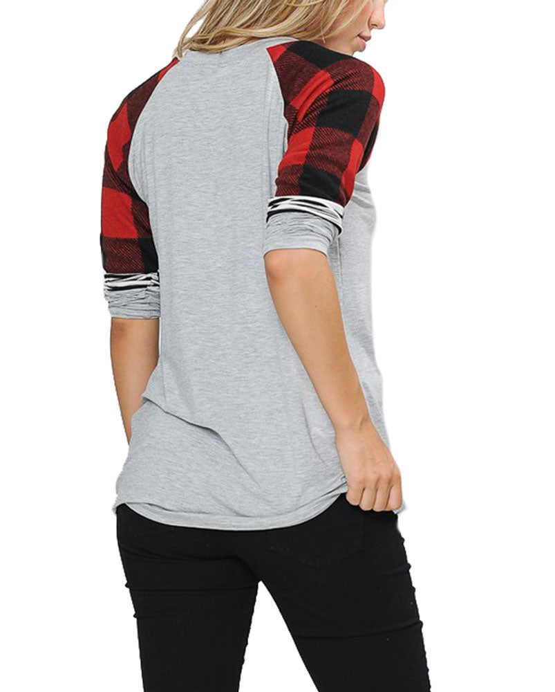 Zenana Long Sleeve Plaid Stripe Colorblock Round Neck Shirt - Shirts sb_tops