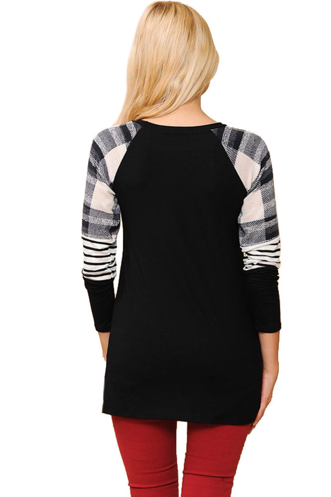 Long Sleeve Plaid Stripe Colorblock Round Neck Shirt Tops- Niobe Clothing