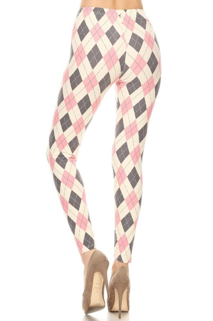 Cream Pink Argyle Plaid Leggings leggings- Niobe Clothing