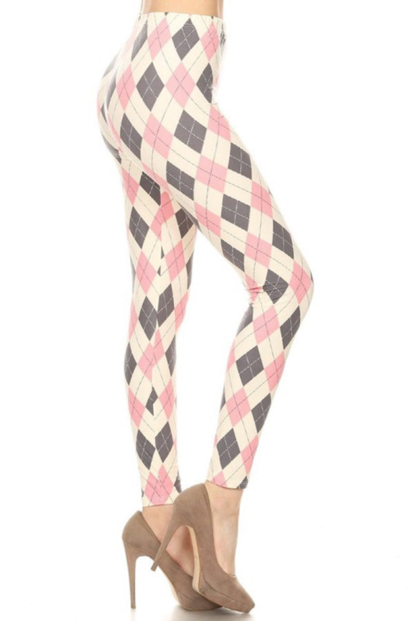 Cream Pink Argyle Plaid Leggings leggings- Niobe Clothing