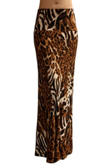 Niobe Clothing Animal Print Striped Full Length Banded Waist Foldover Maxi Skirt (Tiger) - Skirts