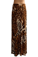 Niobe Clothing Animal Print Striped Full Length Banded Waist Foldover Maxi Skirt (Tiger) - Skirts