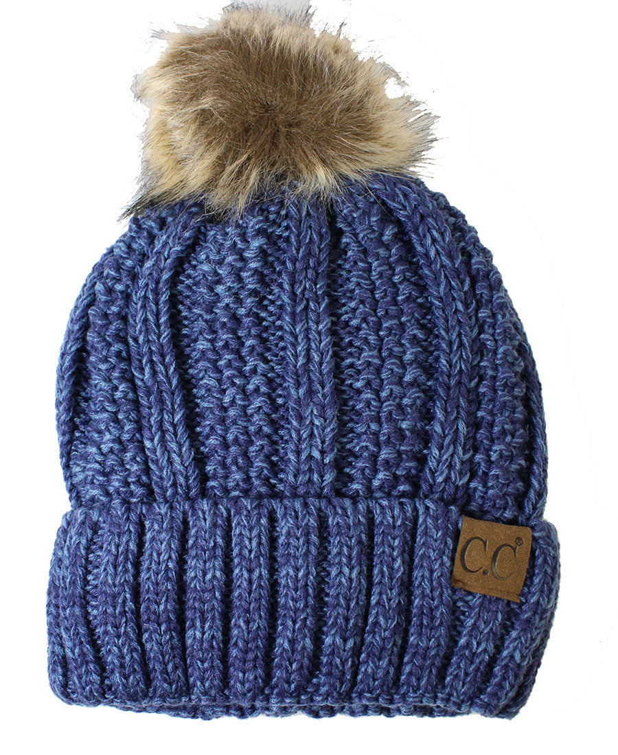Faux-Fur Pom Fleece-Lined Knit Beanie