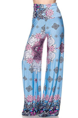 Niobe Clothing High Waist Fold Over Wide Leg Gaucho Palazzo Pants (Bluewater Symmetry) - pants