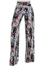 Niobe Clothing High Waist Fold Over Wide Leg Gaucho Palazzo Pants (Abstract Daisy) - pants