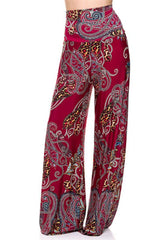 Niobe Clothing High Waist Foldover Boho Palazzo Pants (Burgundy Leopard) - pants