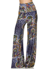 Niobe Clothing High Waist Fold Over Wide Leg Gaucho Palazzo Pants (Lavendar Leopard) - pants