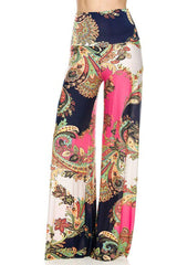 Niobe Clothing High Waist Fold Over Wide Leg Gaucho Palazzo Pants (Pink Paisley) - pants