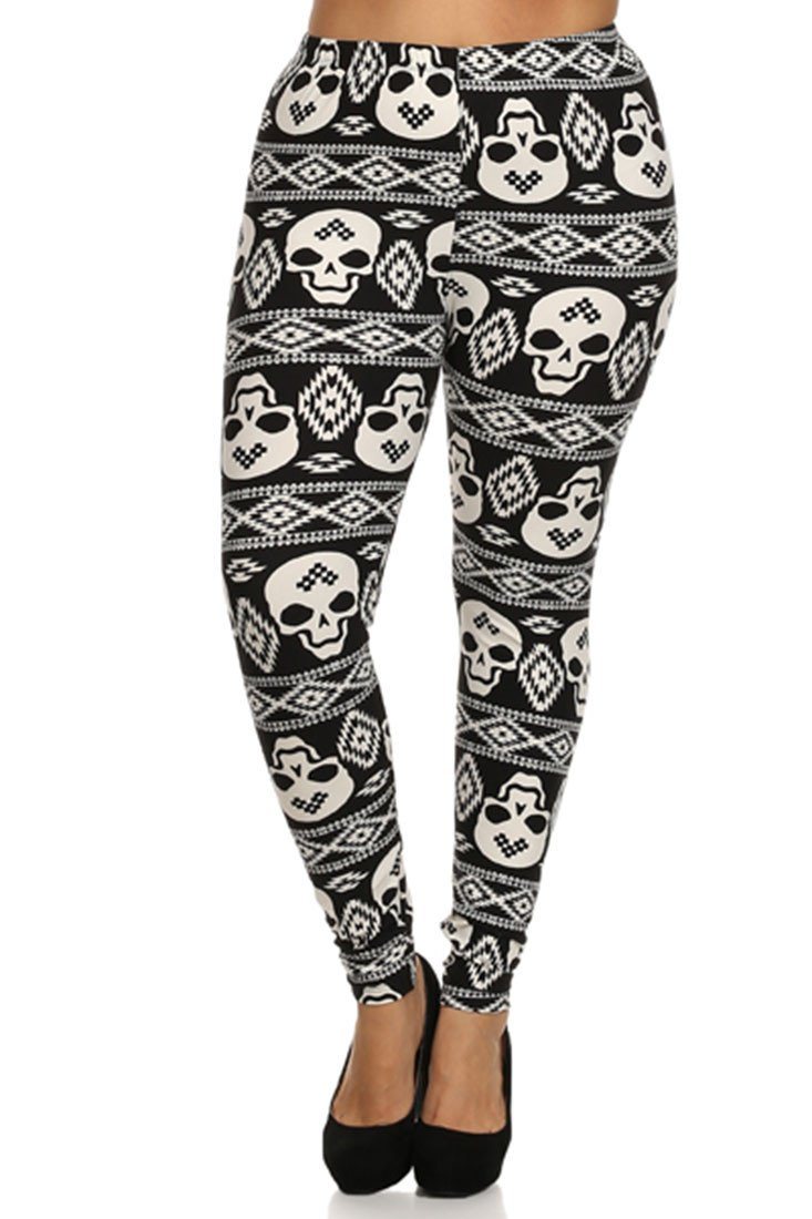 Black White Skull Design Plus Size Leggings leggings- Niobe Clothing