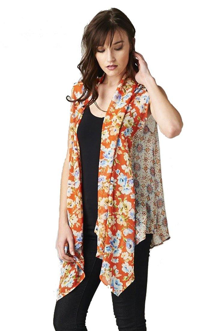 Niobe Clothing Floral Medallion Orange Multi Color Chiffon Sleeveless Top Blouse - f_outerwear