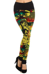 Niobe Clothing Reggae Jamaican Rasta Print High Waist Leggings (Black) - leggings