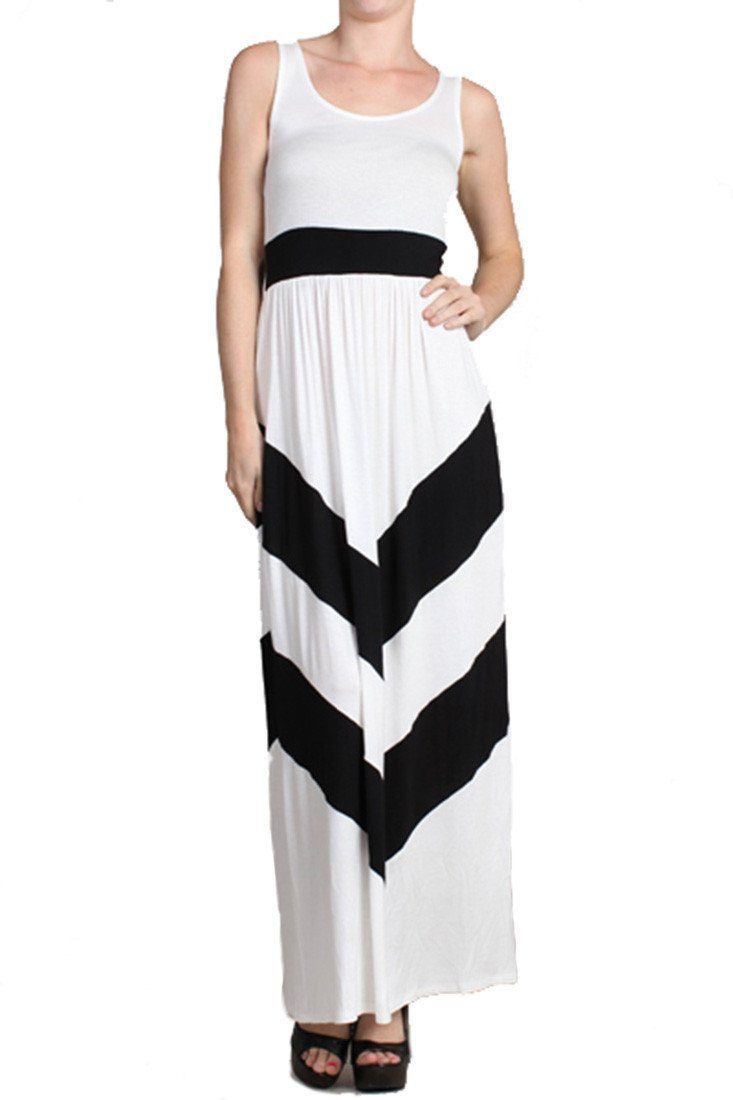 Niobe Clothing Sleeveless White Scoop Neck Chevron Striped Maxi Dress - f_dresses