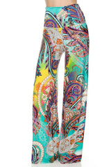 Niobe Clothing High Waist Fold Over Wide Leg Gaucho Palazzo Pants (Turquoise Multi Paisley) - pants